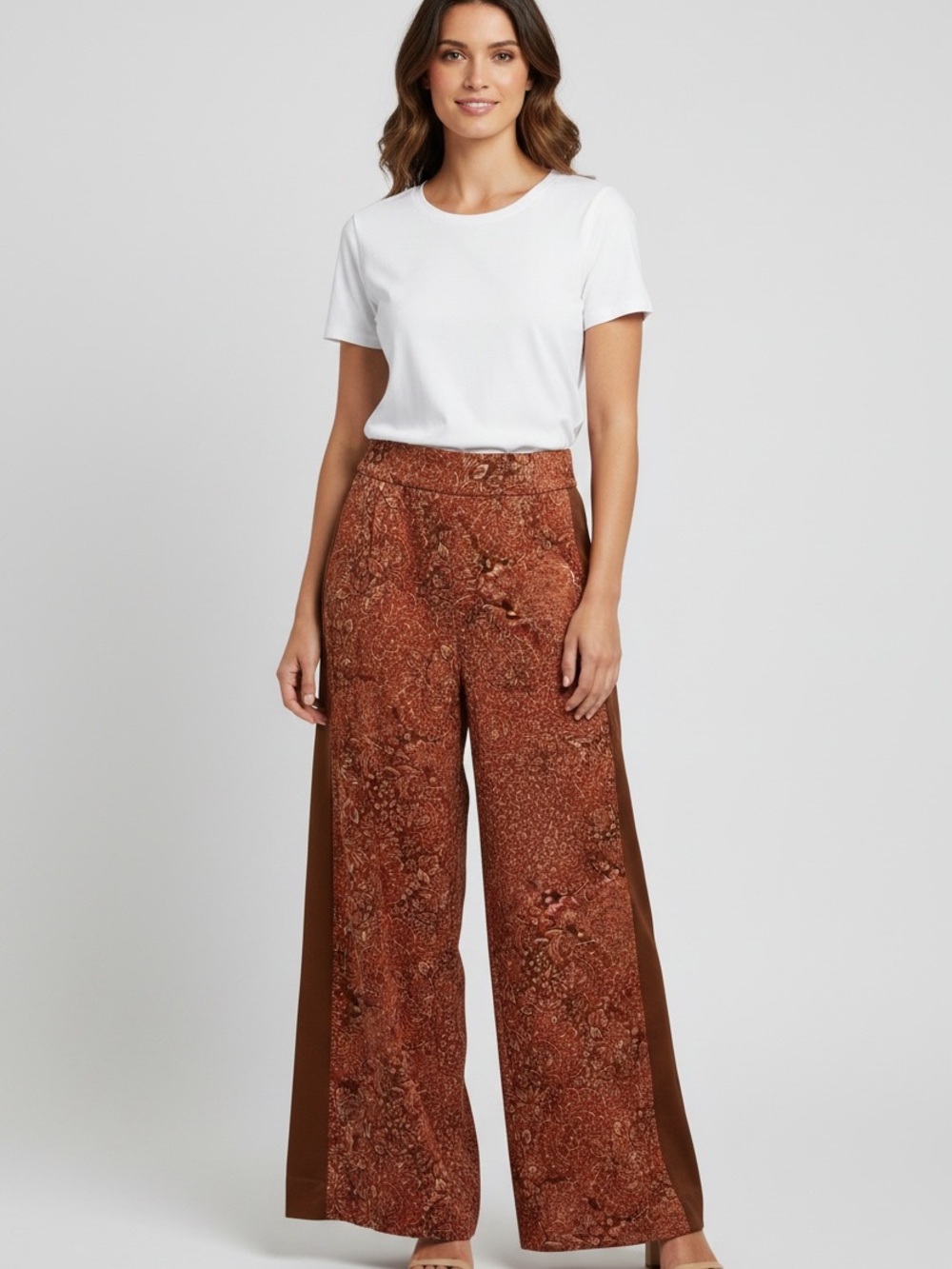 Isaac Mizrahi Rust Brown Printed Wide-Leg Palazzo Pants